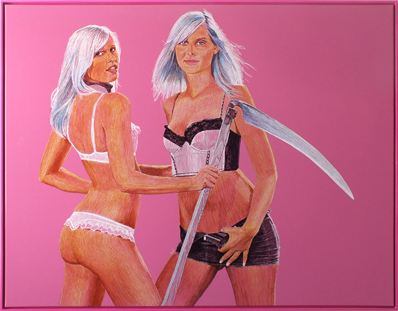 Katharina Arndt „Mädchen mit Sense“,135x175 cm, 2014, Lackstift auf Lackstoff, Keilrahmen, gerahmt 