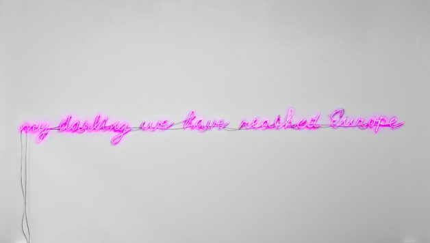 Alona Harpaz – My darling we have reached Europe, neon, glass, exhibition view, 2016 © Boaz Arad