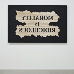 Nasan Tur, Morality is ridiculous, 2015, Woodcut 2 parts: 160 x 250 cm / each: 80 x 250 cm / Courtesy the artist and Blain|Southern, Photo: Peter Mallet