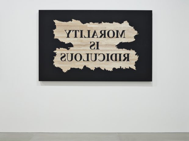 Nasan Tur, Morality is ridiculous, 2015, Woodcut 2 parts: 160 x 250 cm / each: 80 x 250 cm / Courtesy the artist and Blain|Southern, Photo: Peter Mallet