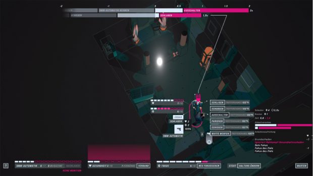 Wichtig ist dabei euer Zeitmanagment. Alle Aktionen, die ihr in einer Runde ausführen wollt, kosten Zeit. (Quelle: Screenshot John Wick Hex)