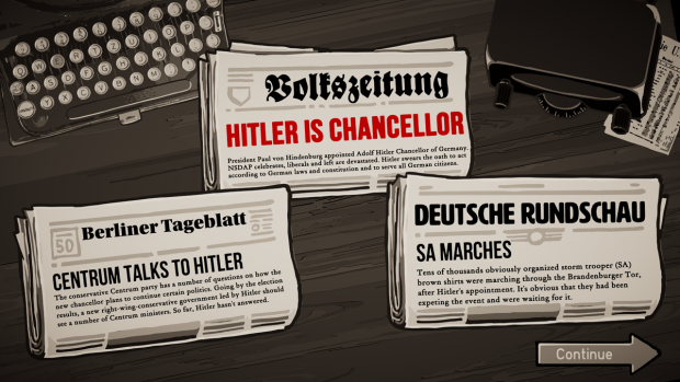 Vor jeder Spielwoche liefert ein Pressespiegel einen zusätzlichen Einblick in das historische Zeitgeschehen. (Quelle: Paintbucket Games)
